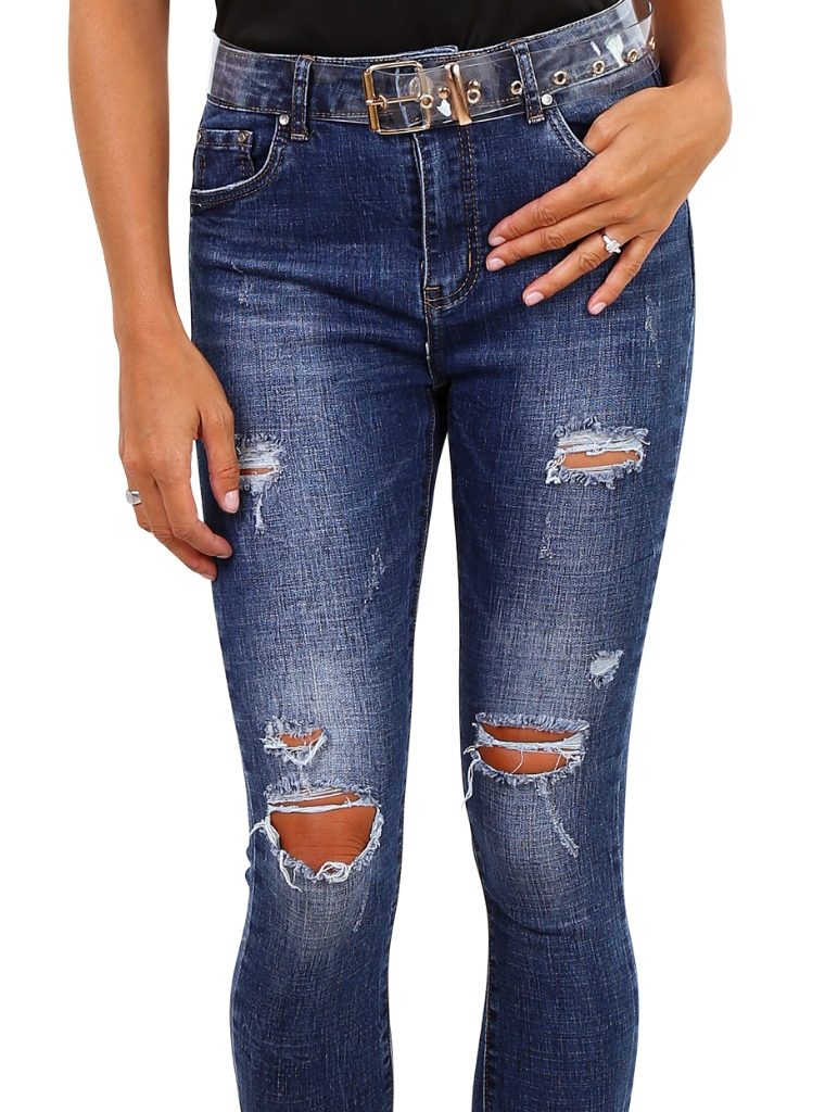 Billige jeans til kvinder med huller i blå